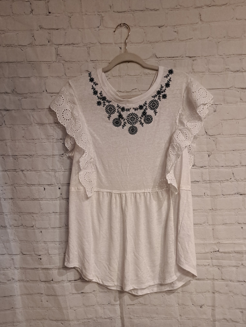 White Embroidered Ruffle Sleeve Women’s Top
